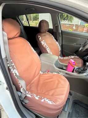 Brown Faux Leather Car Seat Covers with White Cow Trim